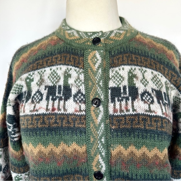 VTG ANDINA 100% ALPACA LLAMA PRINT GREEN MOCK-NECK BUTTON FRONT CARDIGAN SzM/L - Picture 4 of 13
